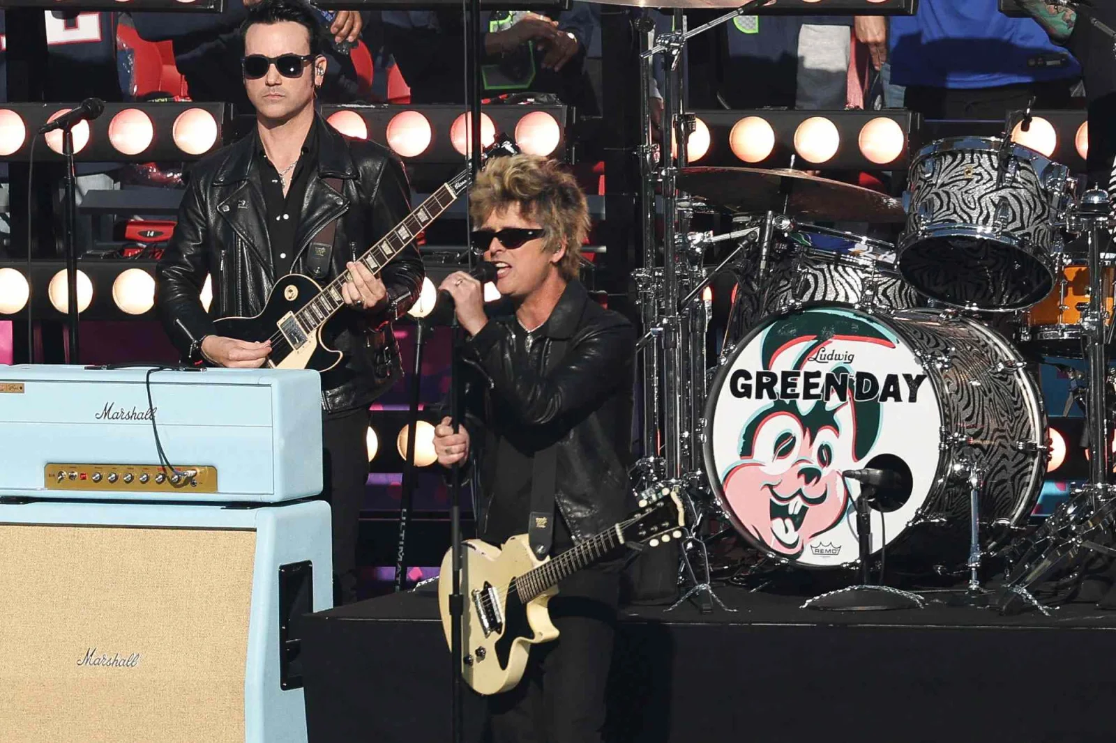 Green Day performing at the 2026 Super Bowl with the 1959BJA on the left