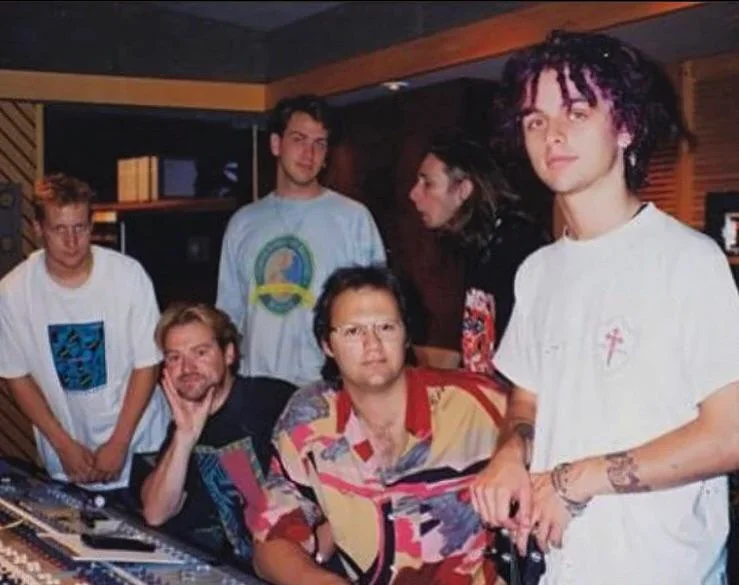 Green Day with Rob Cavallo and engineer Neill King during the recording of Dookie in 1993