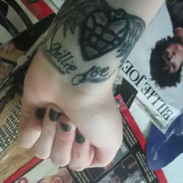 American Idiot Heart Grenade with Wings and Billie Joe Script Tattoo
