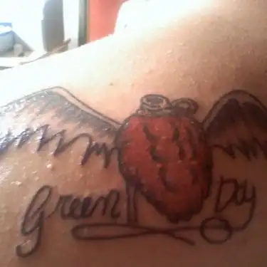 American Idiot Winged Heart Grenade with Green Day Script Tattoo
