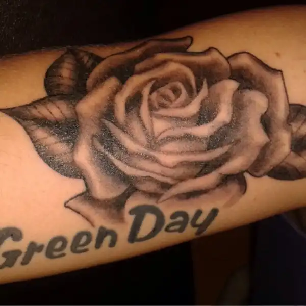 Green Day Text and Rose Tattoo