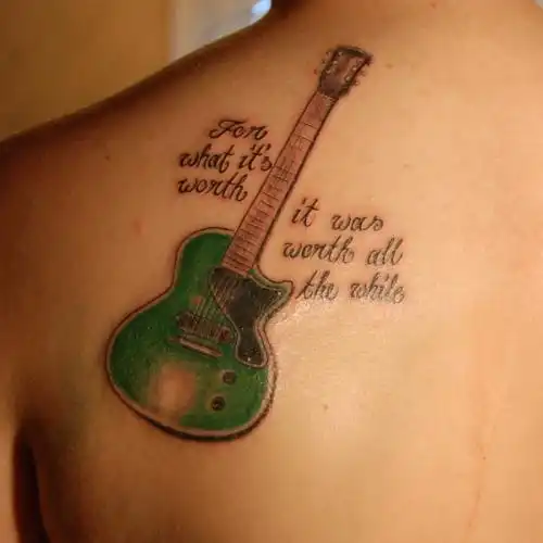 Green Electric Guitar with Script Text Tattoo