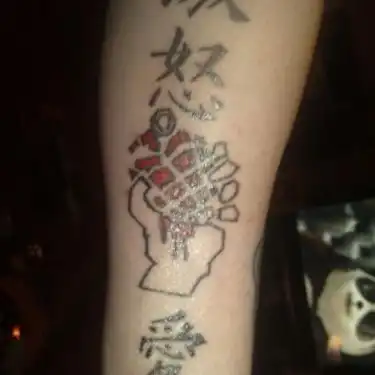 American Idiot Heart Grenade with Hand and Kanji Tattoo