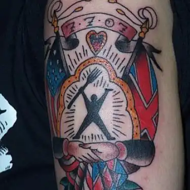 Silhouette with American and Union Jack Flags Tattoo