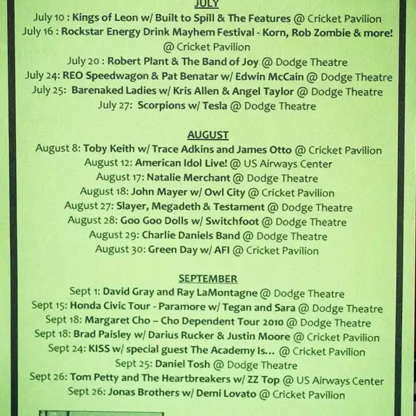 30 August 2010 - Cricket Wireless Pavilion - Phoenix, AZ - Show Calendar
