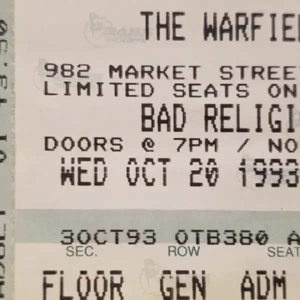 20 October 1993 - San Francisco, CA - The Warfield - Ticket