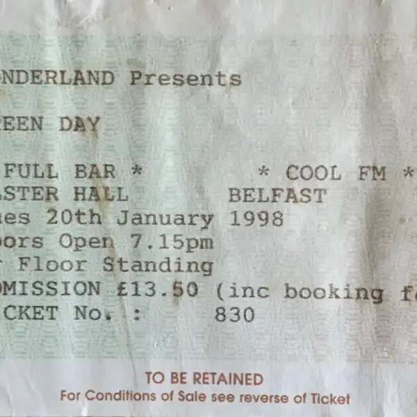 20 January 1998 - Ulster Hall - Belfast, UK - Ticket