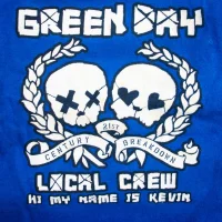 Blue 21st Century Breakdown local crew t-shirt - 'Hi my name is Kevin' - close-up