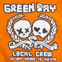 Orange 21st Century Breakdown local crew t-shirt - 'Hi my name is Kevin' - close-up