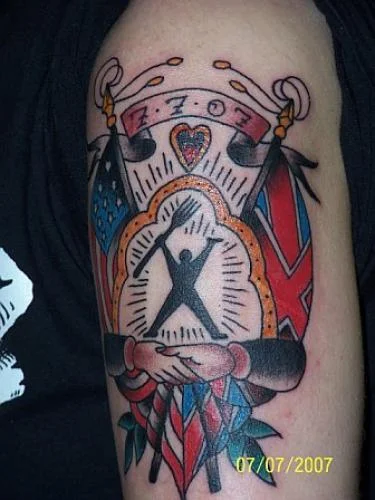 Silhouette with American and Union Jack Flags Tattoo