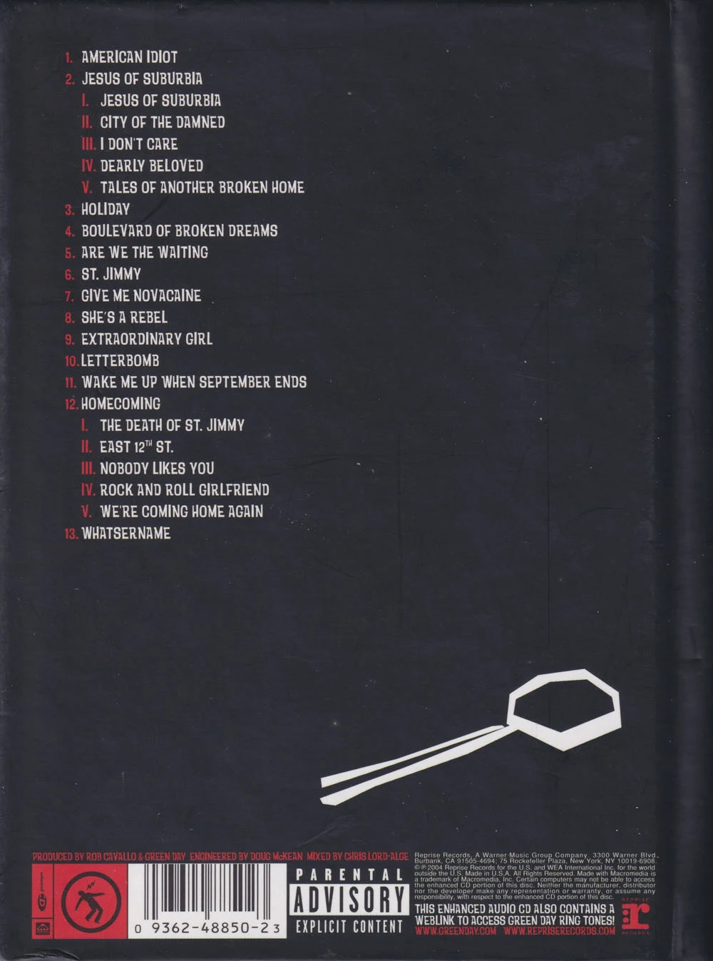 American Idiot hardcover lyric book - back cover