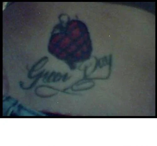 Green Day Script with Red Plaid Heart Tattoo