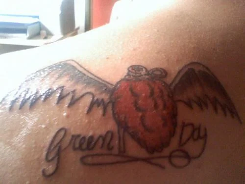 American Idiot Winged Heart Grenade with Green Day Script Tattoo