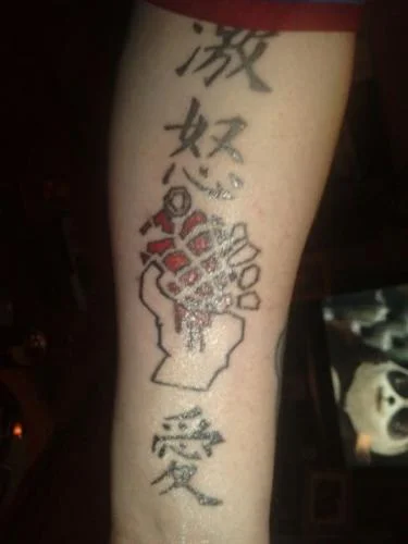 American Idiot Heart Grenade with Hand and Kanji Tattoo