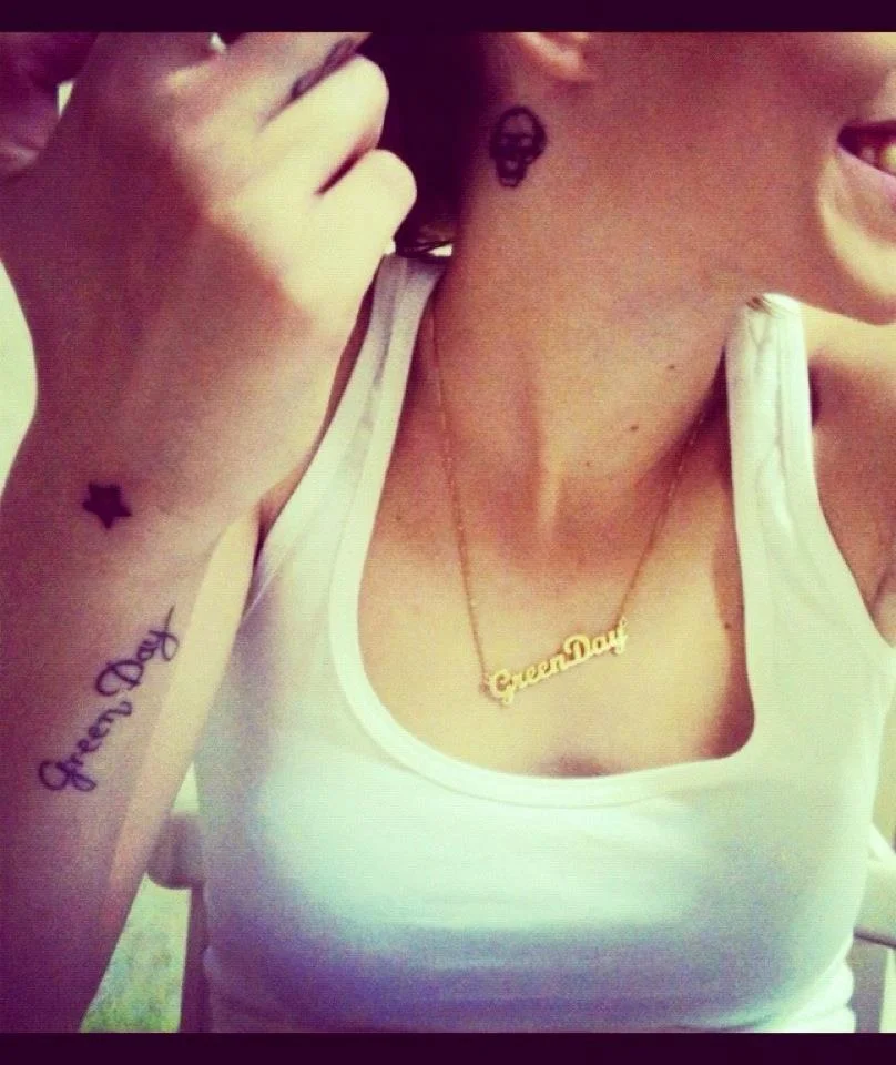 Green Day Text and Skull Tattoo