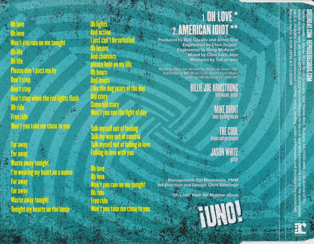 Oh Love EU single - back of front cover