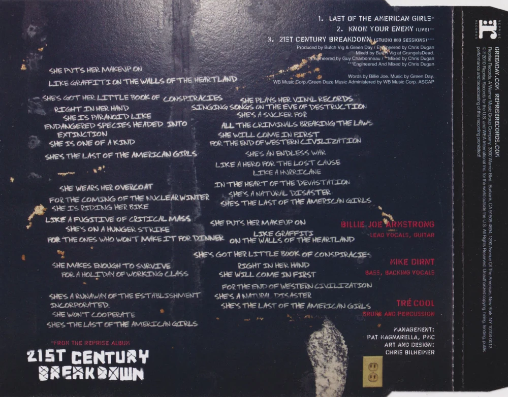 Last of the American Girls EU single - back of front cover