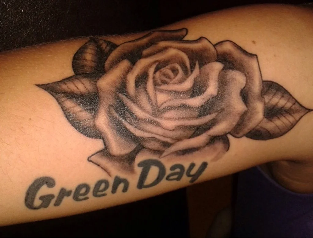 Green Day Text and Rose Tattoo