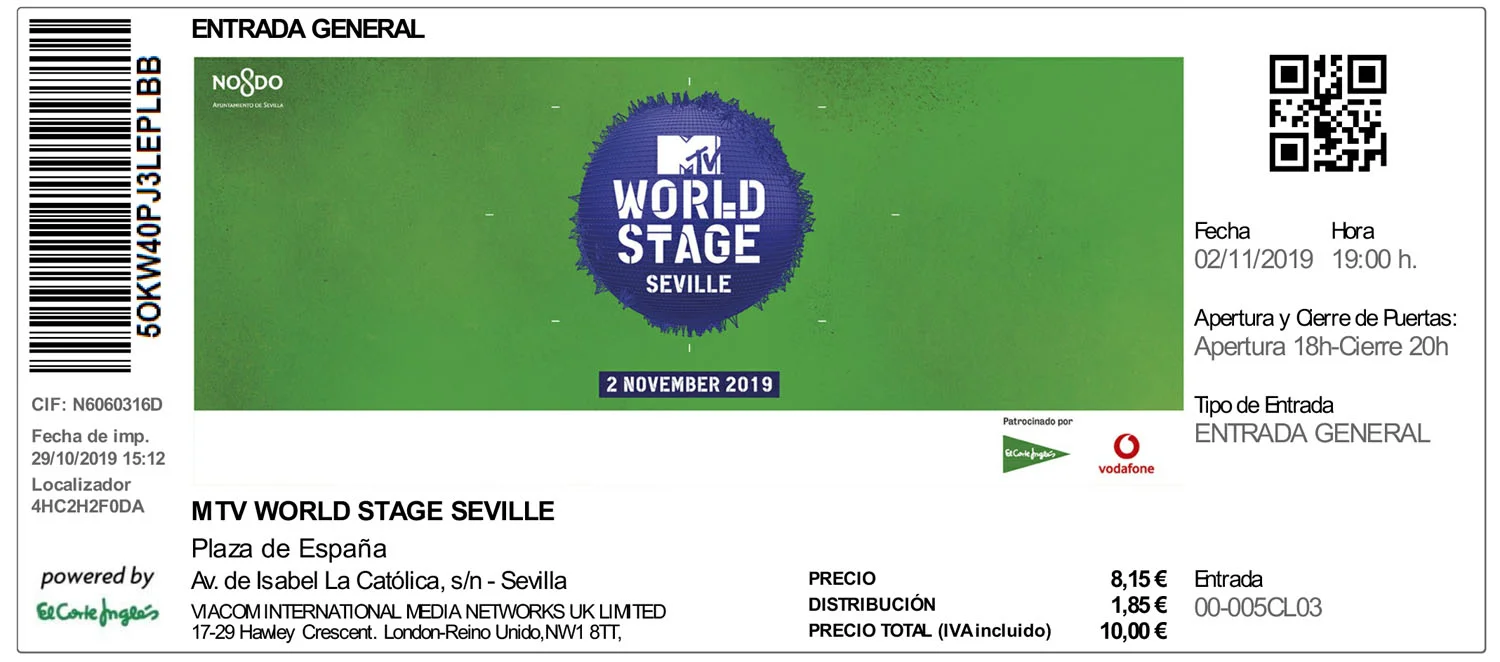 2 November 2019 - MTV World Stage - Seville, Spain - Ticket