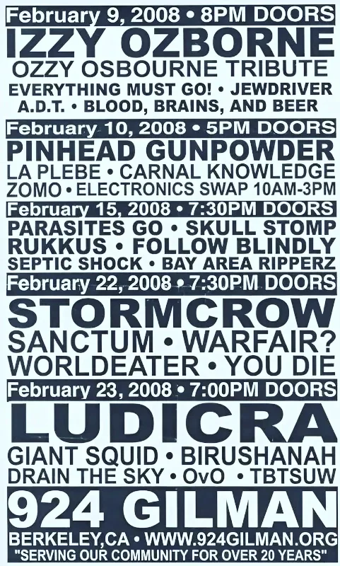 Pinhead Gunpowder - 10 February 2008 - 924 Gilman Street - Flyer