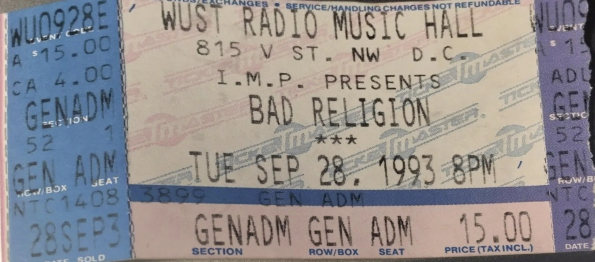 28 September 1993 - Washington, DC - WUST Music Hall - Ticket