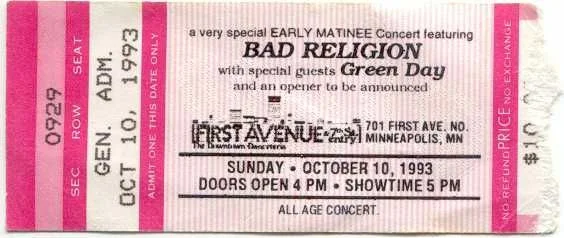 10 October 1993 - Minneapolis, MN - First Avenue - Ticket