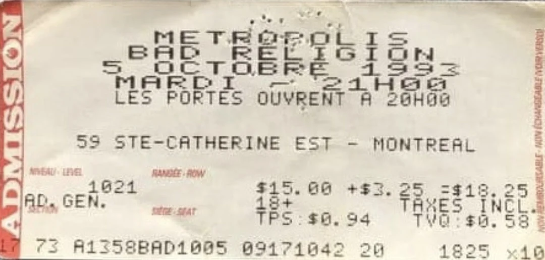 5 October 1993 - Montreal, QC - Metropolis - Ticket