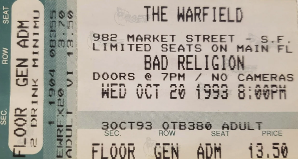 20 October 1993 - San Francisco, CA - The Warfield - Ticket