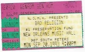 20 September 1993 - New Orleans, LA - Music Hall - Ticket