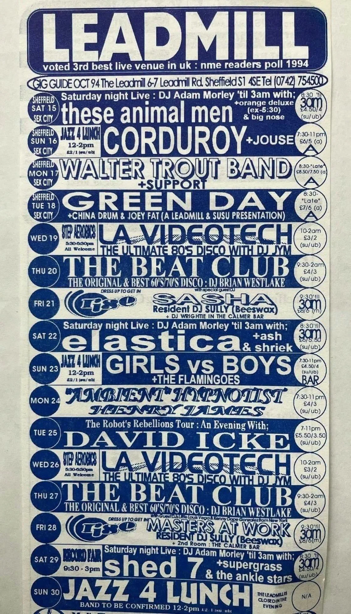 18 October 1994 - Sheffield, England - The Leadmill - Calendar