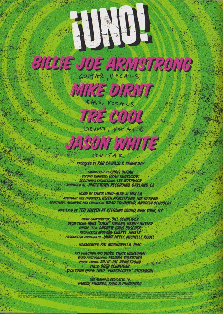 ¡Uno! hardcover lyric book - credits