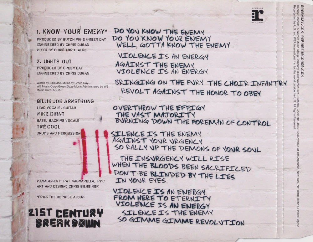 Know Your Enemy CD single - back of cover